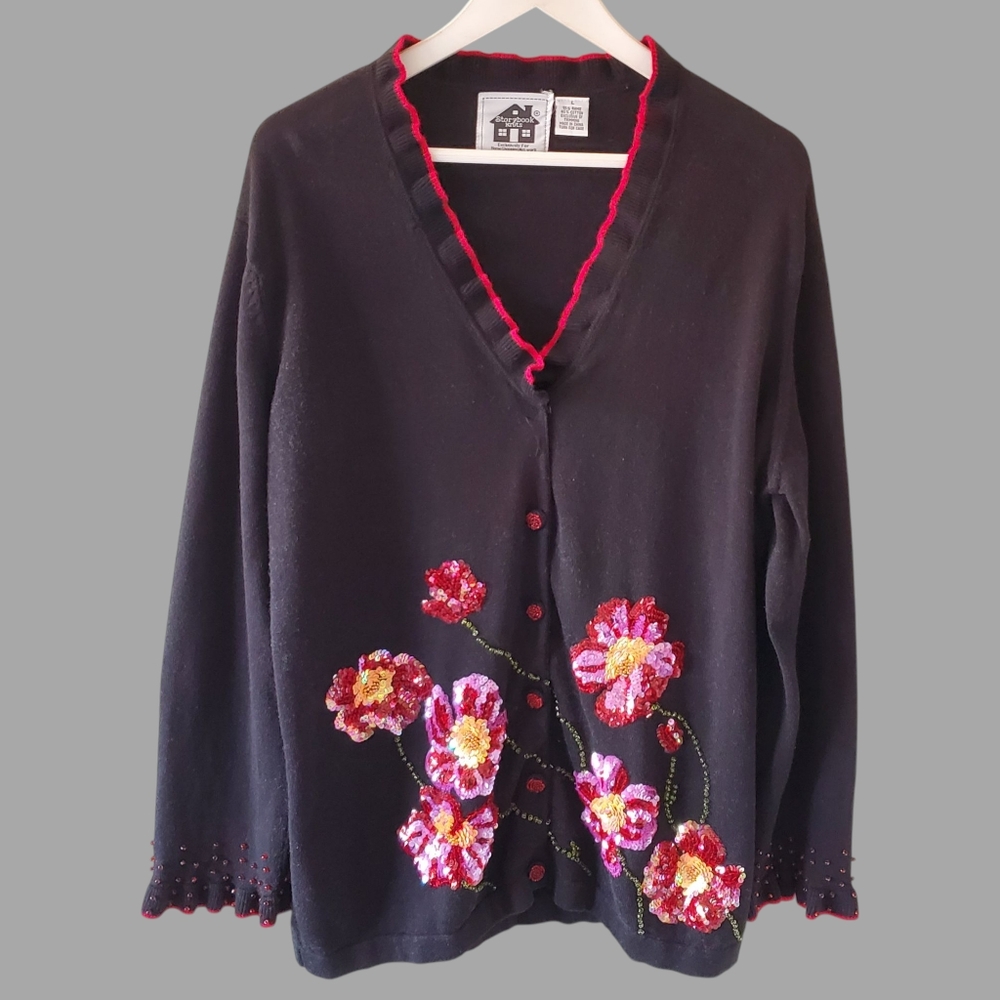 Storybook Knits Black Cardigan with Red and Pink Floral Embroidery